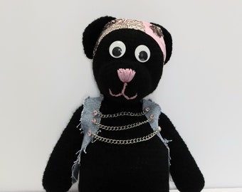 Biker Teddy Bear 18"/Black , Girl Biker Bear with headband, Crochet Bear with Jean Jacket, Crocheted Teddy Bear, Crocheted Bear with Patch