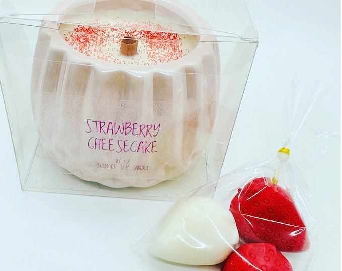 Featured listing image: Strawberry Cheesecake Candle with 3 Strawberry Cheesecake scented Wax Melts