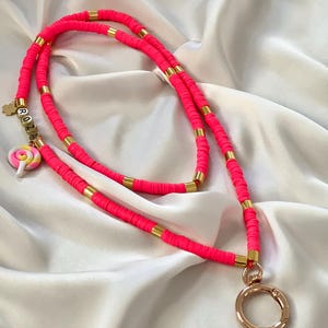 Hot Pink Beaded Lanyard with Gold Accents Personalized Name and Lollipop Charm Key Holder Necklac