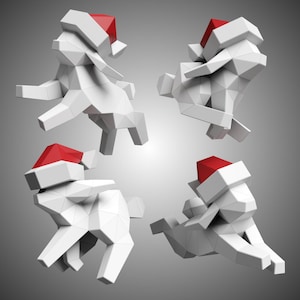 Christmas Bunny Paper Sculpture, 2 Running Pose Pack, Printable PDF template,Handmade Cute Rabbit Figurine Papercraft,Low Poly Home Decor
