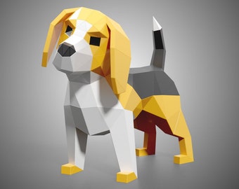 Beagle Paper Sculpture, afdrukbare PDF-sjabloon, handgemaakte Terriers Dog Papercraft, 3D puzzel, Low Poly Home Decor, DIY tieners cadeau