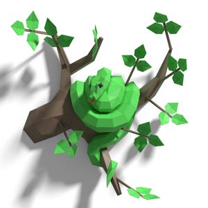 Puede incluir: Una serpiente verde envuelta alrededor de una rama de árbol marrón con hojas verdes. La serpiente está hecha de papel y tiene un estilo origami 3D.