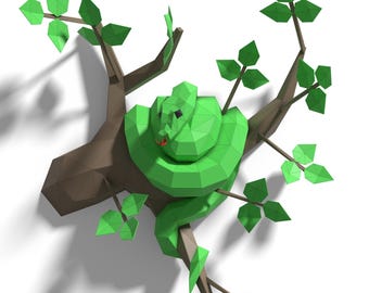 Snake on Branch Paper Sculpture: 3D Low Poly DIY Craft (PDF Template)