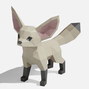 Könnte beinhalten: Ein Low-Poly-Fennek-Fuchs in beige mit großen, rosafarbenen Ohren und einem schwarzen Schwanz. Der Fuchs steht auf einem weißen Hintergrund.