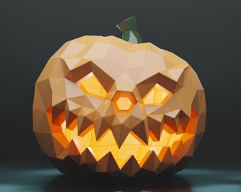 Può includere: Una zucca di carta 3D con un viso intagliato e luminoso. La zucca è fatta di carta arancione e ha uno stelo verde.