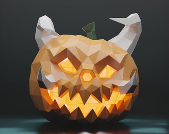 Könnte beinhalten: Ein Papier-Jack-o'-Lantern mit einem bösen Grinsen und leuchtenden Augen. Der Kürbis ist aus orangefarbenem Papier und hat weiße Papierhörner.