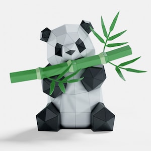 Scultura di carta raffigurante un panda che mangia bambù, modello PDF stampabile, statuetta di un animale largo fatta a mano, puzzle 3D, decorazione per la casa a basso contenuto di poligoni, regalo fai da te