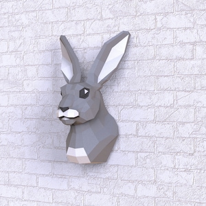 Sculpture en papier tête de lapin, modèle PDF imprimable, figurine de lapin faite main, papercraft, puzzle 3D, décoration murale low poly, cadeau bricolage pour ados