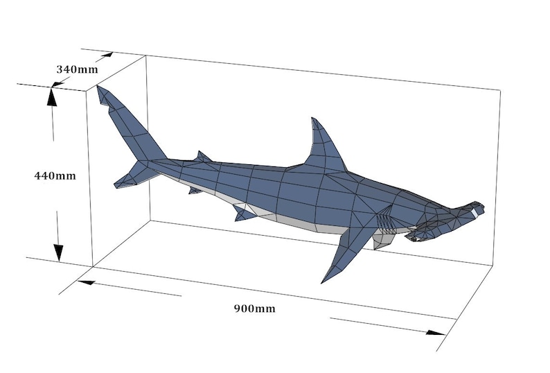May include: A low-poly blue hammerhead shark sculpture with a geometric surface. The shark is enclosed in a wireframe box with dimensions labeled as 340mm in depth, 440mm in height, and 900mm in length, indicating its overall spatial footprint.