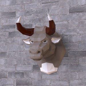 Bull Head Paper Sculpture,Printable PDF template,Handmade Stylized Animal Figurine Papercraft,3D puzzle,Low Poly Wall Decor,DIY Teens Gift