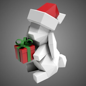 Christmas Bunny Siting Pose Paper Sculpture,Printable PDF template,Handmade Cute Rabbit Figurine Papercraft,Low Poly Home Decor