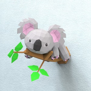 Koala on Branch Paper Sculpture,Printable PDF template,Handmade Wild Animal Figurine Papercraft,3D puzzle,Low Poly Wall Decor,DIY Teens Gift