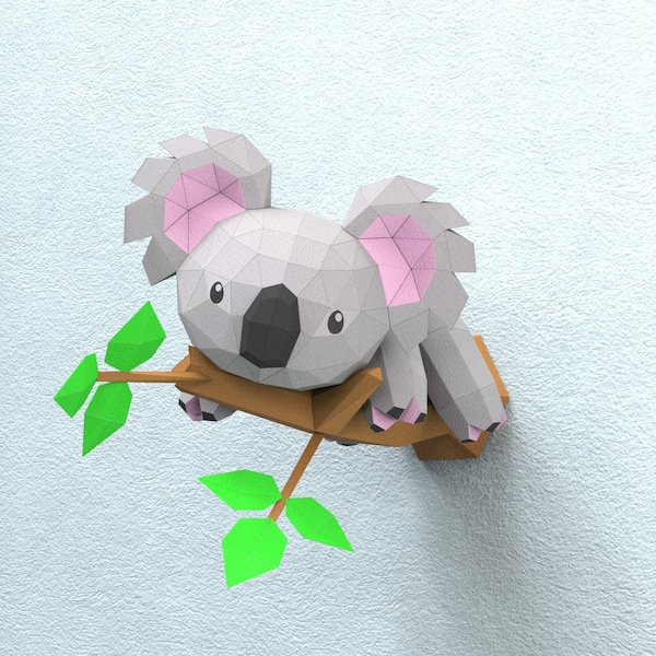 Koala sur la branche Sculpture en papier, modèle PDF imprimable, Papercraft de Figurine d'animal sauvage fait à la main, puzzle 3D, décoration murale Low Poly, cadeau ados bricolage