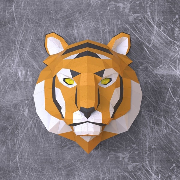Sculpture en papier de tête de tigre, modèle PDF imprimable, Papercraft de figurine d'animal large fait à la main, puzzle 3D, décor de mur de basse poly, cadeau d'ados de bricolage
