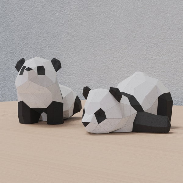 Escultura de papel de dos pandas lindos, plantilla PDF imprimible, artesanía de papel de estatuilla animal ancha hecha a mano, rompecabezas 3D, decoración del hogar de baja poli, regalo de adolescentes DIY