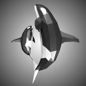 Orca  family 2 Paper Sculpture,,Printable PDF template,Handmade Sea Animal Figurine Papercraft,3D puzzle,Low Poly Wall Decor,DIY Teens Gift