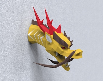 Chinese Dragon Head Paper Sculpture,Printable PDF template,Handmade East Mythical Figurine Papercraft,3D puzzle,Low Poly Wall Decor