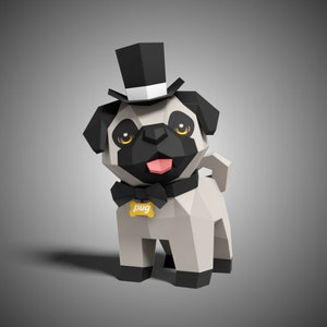 Cute Pug Dog Stand Pose Paper Sculpture,Printable PDF template,Handmade Cute Dog Figurine Papercraft,3D puzzle,Low Poly Home Decor