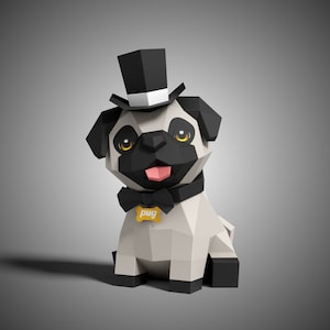 Cute Pug Dog Sitting Pose Paper Sculpture,Printable PDF template,Handmade Cute Dog Figurine Papercraft,3D puzzle,Low Poly Home Decor