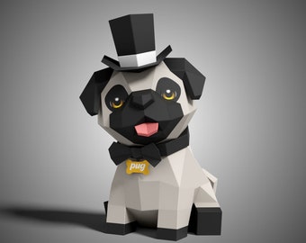 Cute Pug Dog Sitting Pose Paper Sculpture,Printable PDF template,Handmade Cute Dog Figurine Papercraft,3D puzzle,Low Poly Home Decor