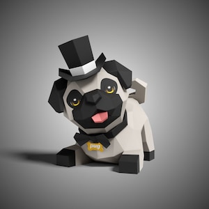 Cute Pug Dog Play  Pose Paper Sculpture,Printable PDF template,Handmade Cute Dog Figurine Papercraft,3D puzzle,Low Poly Home Decor