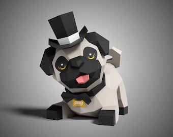 Cute Pug Dog Play  Pose Paper Sculpture,Printable PDF template,Handmade Cute Dog Figurine Papercraft,3D puzzle,Low Poly Home Decor