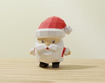 May include: A white and red papercraft Santa Claus figurine with a white beard and a red hat. The figurine is standing on a wooden surface.