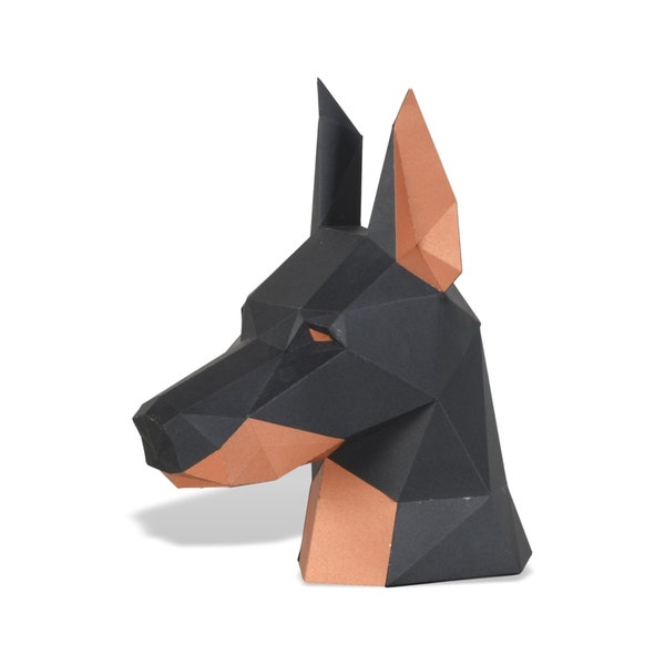 Sculpture en papier Tête de doberman, kit de créations artisanales en papier prédécoupé, figurine tête de chien faite main, multicolore, décoration d'intérieur low poly, tous les accessoires inclus