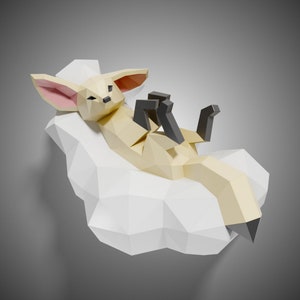 Fennec Fox on Cloud Paper Sculpture,Printable PDF template,Handmade Wild Animal Figurine Papercraft,3D puzzle,Low Poly Wall Decor,DIY Gift