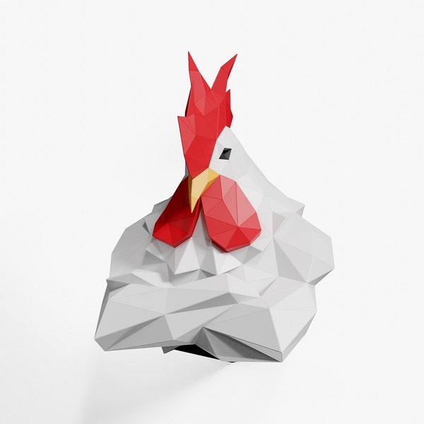 Rooster Bust Wall Decor Paper Sculpture,Printable PDF template,Handmade Wild Sea Animal Figurine Papercraft,3D puzzle,Low Poly Wall Decor