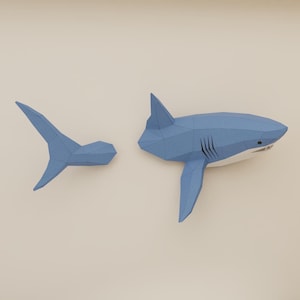 Shark on Wall  Paper Sculpture,Printable PDF template,Handmade Wild Animal Figurine Papercraft,3D puzzle,Low Poly Wall Decor,DIY Teens Gift