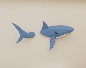 Shark on Wall  Paper Sculpture,Printable PDF template,Handmade Wild Animal Figurine Papercraft,3D puzzle,Low Poly Wall Decor,DIY Teens Gift
