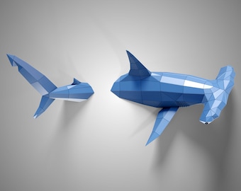 Hammerhead Shark Paper Sculpture, Low Poly Wall Decor ( PDF  SVG Template )