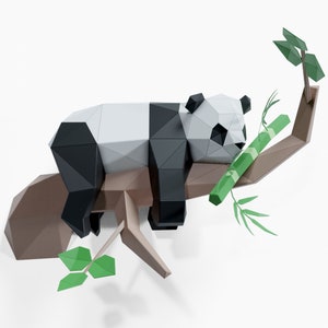 Panda Lazy on Tree Paper Sculpture,Printable PDF template,Handmade Wild Animal Figurine Papercraft,3D puzzle,Low Poly Wall Decor