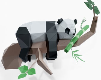 Panda Lazy on Tree Paper Sculpture,Printable PDF template,Handmade Wild Animal Figurine Papercraft,3D puzzle,Low Poly Wall Decor