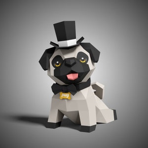 Cute Pug Dog Lying Pose Paper Sculpture,Printable PDF template,Handmade Cute Dog Figurine Papercraft,3D puzzle,Low Poly Home Decor