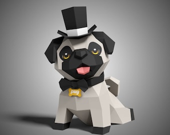 Cute Pug Dog Lying Pose Paper Sculpture,Printable PDF template,Handmade Cute Dog Figurine Papercraft,3D puzzle,Low Poly Home Decor