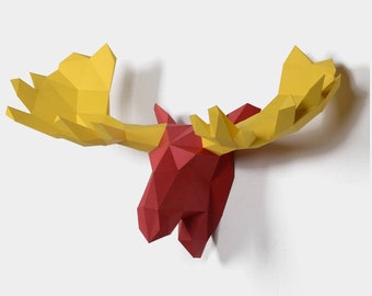 Elch Papierskulptur, 3D Low Poly Wanddekoration (druckbare PDF)