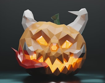 May include: A papercraft jack-o'-lantern with a devilish grin, glowing orange eyes, and red horns. The pumpkin is made of folded paper and has a geometric design.