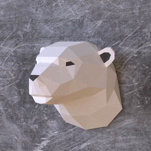 Polar Bear Trophy Paper Sculpture,Printable PDF template,Handmade Wild Animal Figurine Papercraft,3D puzzle,Low Poly Wall Decor,DIY Gift