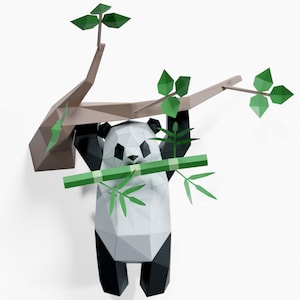 Panda Hanging on Tree Paper Sculpture,Printable PDF template,Handmade Wild Animal Figurine Papercraft,3D puzzle,Low Poly Wall Decor