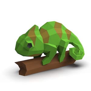 Camaleonte sul ramo Scultura di carta, modello PDF stampabile, figurine di animali selvatici fatte a mano, puzzle 3D, decorazioni per la casa Low Poly, regalo fai da te