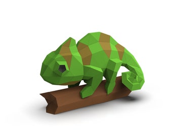 May include: A green and brown origami chameleon perched on a brown branch. The chameleon has a long tail and is posed in a sitting position.