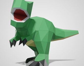 May include: A green origami dinosaur with a large open mouth. The dinosaur is made of paper and has a polygonal design.