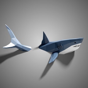 Scultura di squalo su carta da parati, modello PDF stampabile, statuetta di animali selvatici fatta a mano, puzzle 3D, decorazione da parete low poly, regalo fai da te per adolescenti