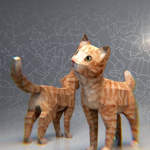 Curiosity Cat with Colored Texture Paper Sculpture, 3D Papercraft Tempalte, PDF File,Instant Download, Low Poly Papercraft, Cute Animals