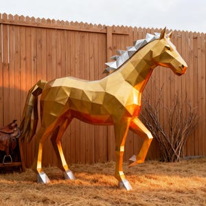 Op de afbeelding: Een grote, geometrische gouden paardensculptuur met zilveren accenten op de manen en hoeven. De sculptuur staat buiten, tegen een houten hek en droog gras, met een zadel op de achtergrond.