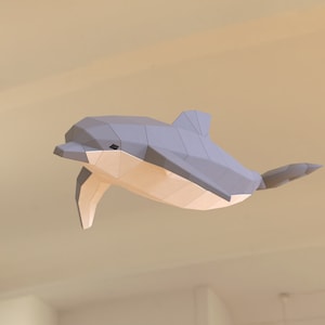 Escultura de papel de delfín, plantilla PDF imprimible, figurita de animales marinos hecha a mano, rompecabezas 3D, decoración de pared de baja poli, regalo para adolescentes DIY