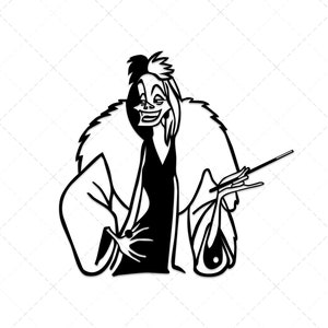 May include: Black and white illustration of Cruella De Vil from Disney's 101 Dalmatians. She is wearing a fur coat and holding a cigarette holder.