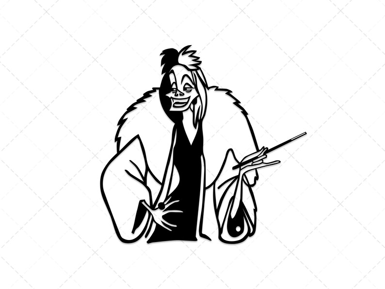May include: Black and white illustration of Cruella De Vil from Disney's 101 Dalmatians. She is wearing a fur coat and holding a cigarette holder.